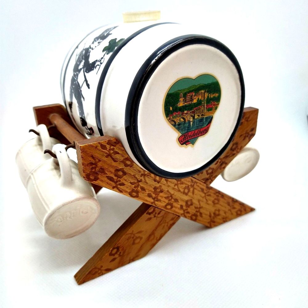 Handarbeit Vintage German Porcelain Whiskey Barrel Keg 4 Shot Cups with Stand